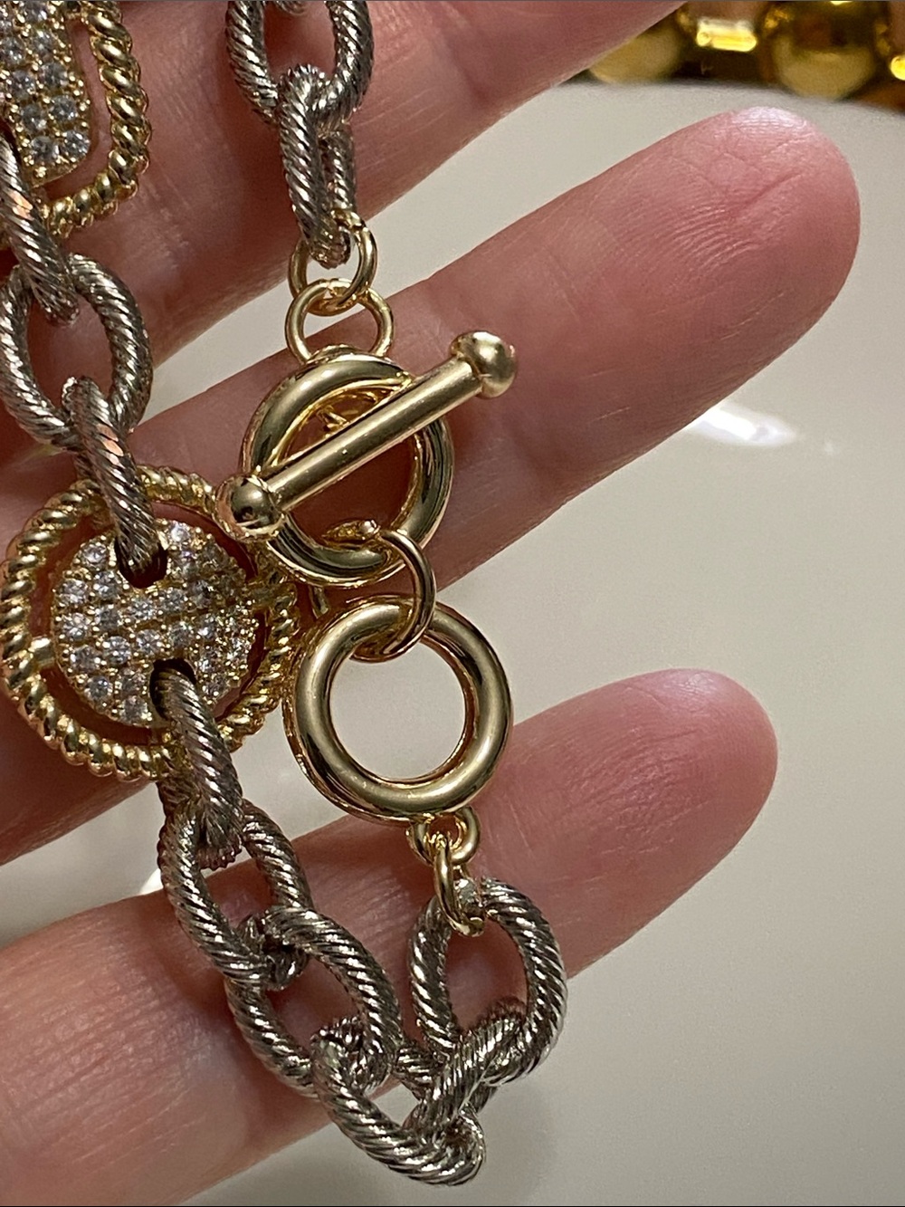Stainless Steel Two-Tone Gold and Silver Pavé Link Bracelet - Picture 4 of 6